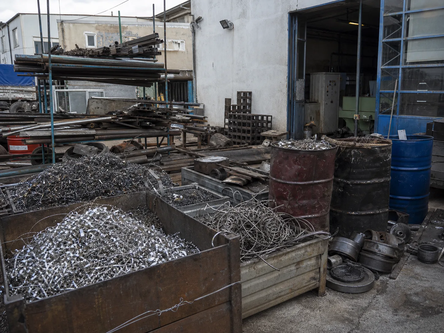 Sanayi atölyesinde metal talaşı, profil ve makine parçaları